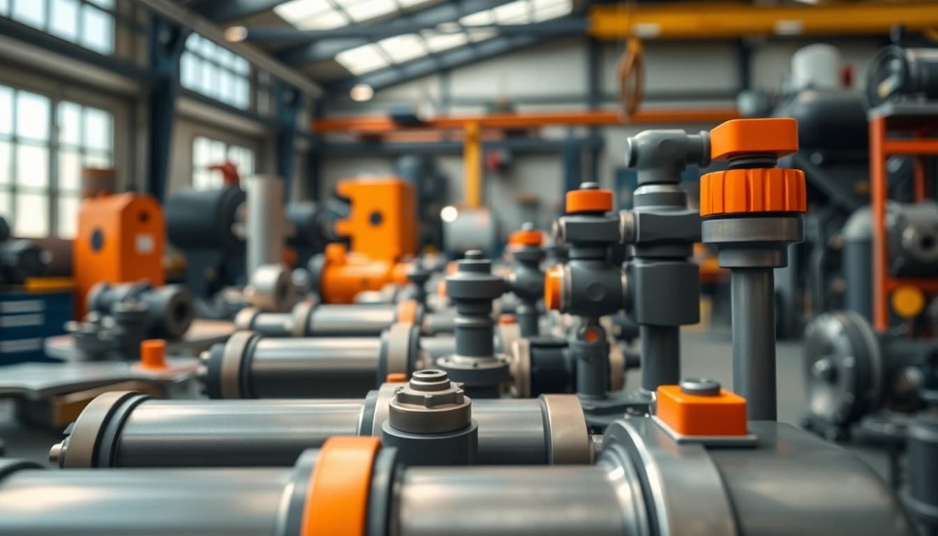Showcase of custom hydraulic equipment in a workshop highlighting its design and functionality.
