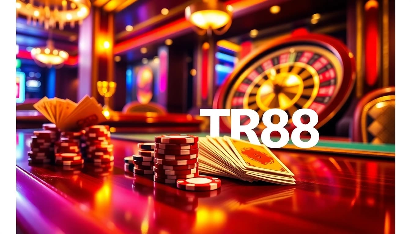 Experience the thrill of gambling with TR88 at a luxurious casino table featuring vibrant poker chips and a spinning roulette wheel.
