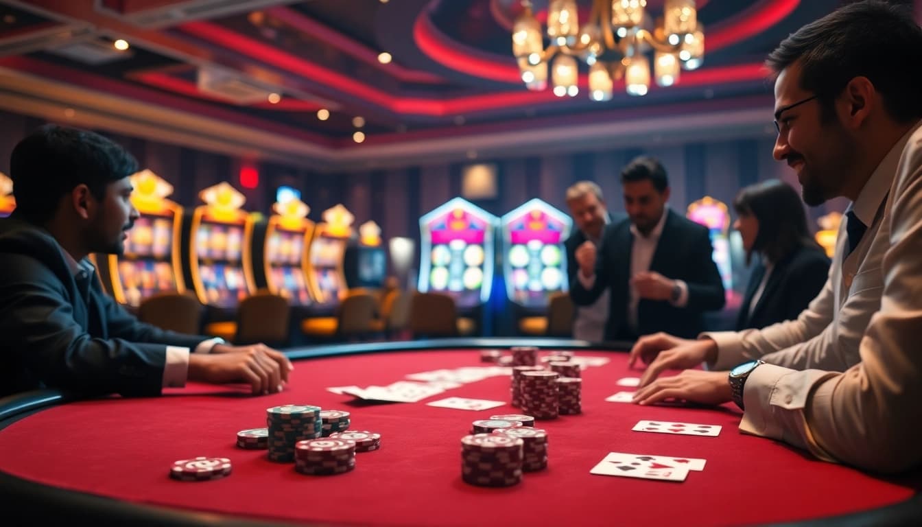 SODO Casino players enjoying poker with vibrant chips and an elegant atmosphere