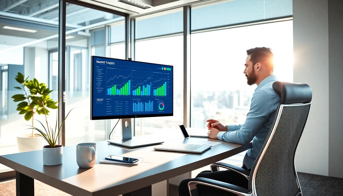 Analyze competitive intelligence data in a modern office setting with insightful graphs.