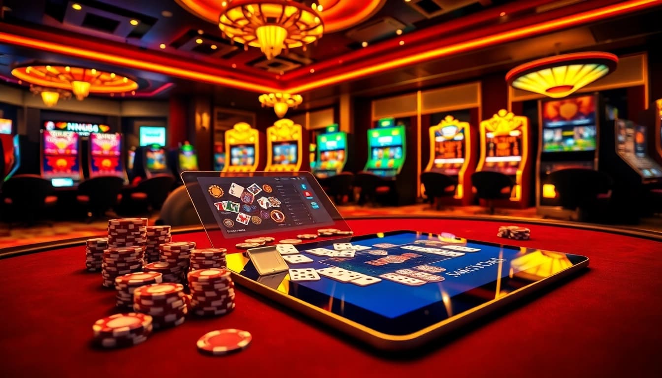 Engage with thrilling games at nn88 com, featuring a luxurious casino atmosphere with vibrant tables and slot machines.