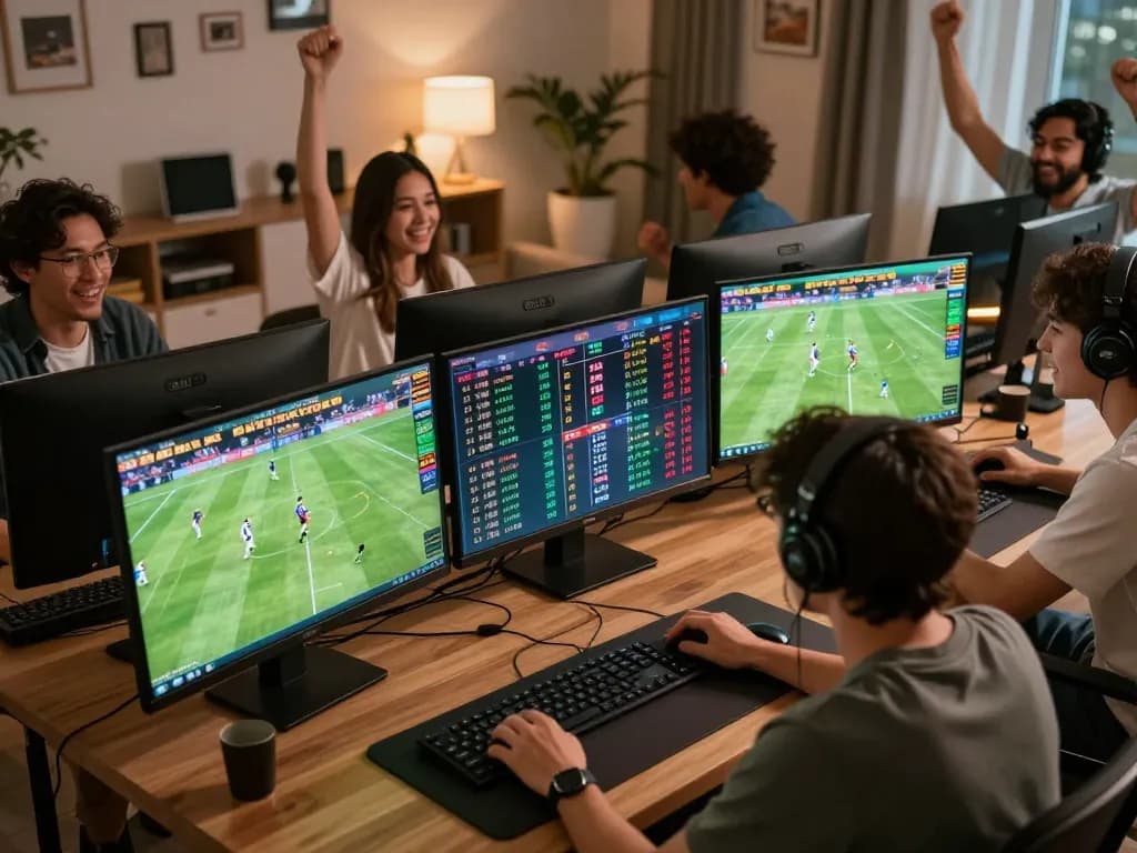 Xoilac TV user critically analyzing live sports betting odds from home, showcasing a vibrant gambling atmosphere.