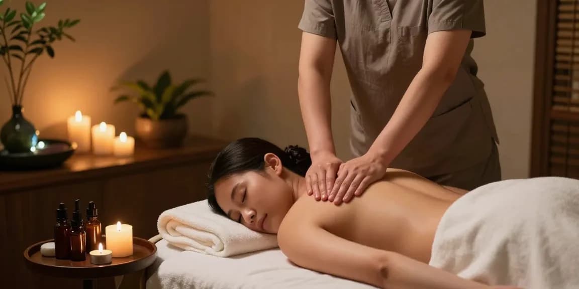 마사지 치료 세션, 편안한 스파 환경에서 치료사가 고객에게 스웨디시 마사지를 제공하는 모습