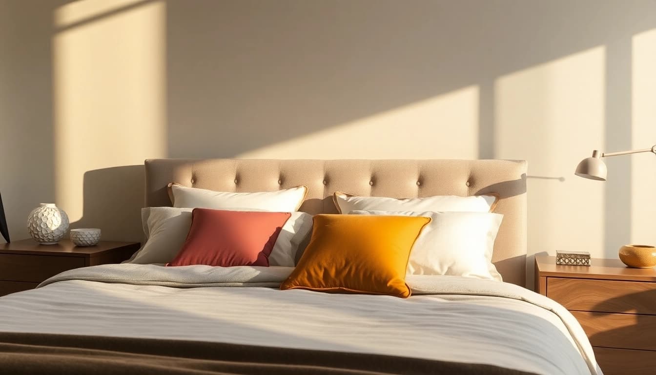 Cuscini per letto eleganti e comodi distribuiti su un letto, decorato con toni caldi.