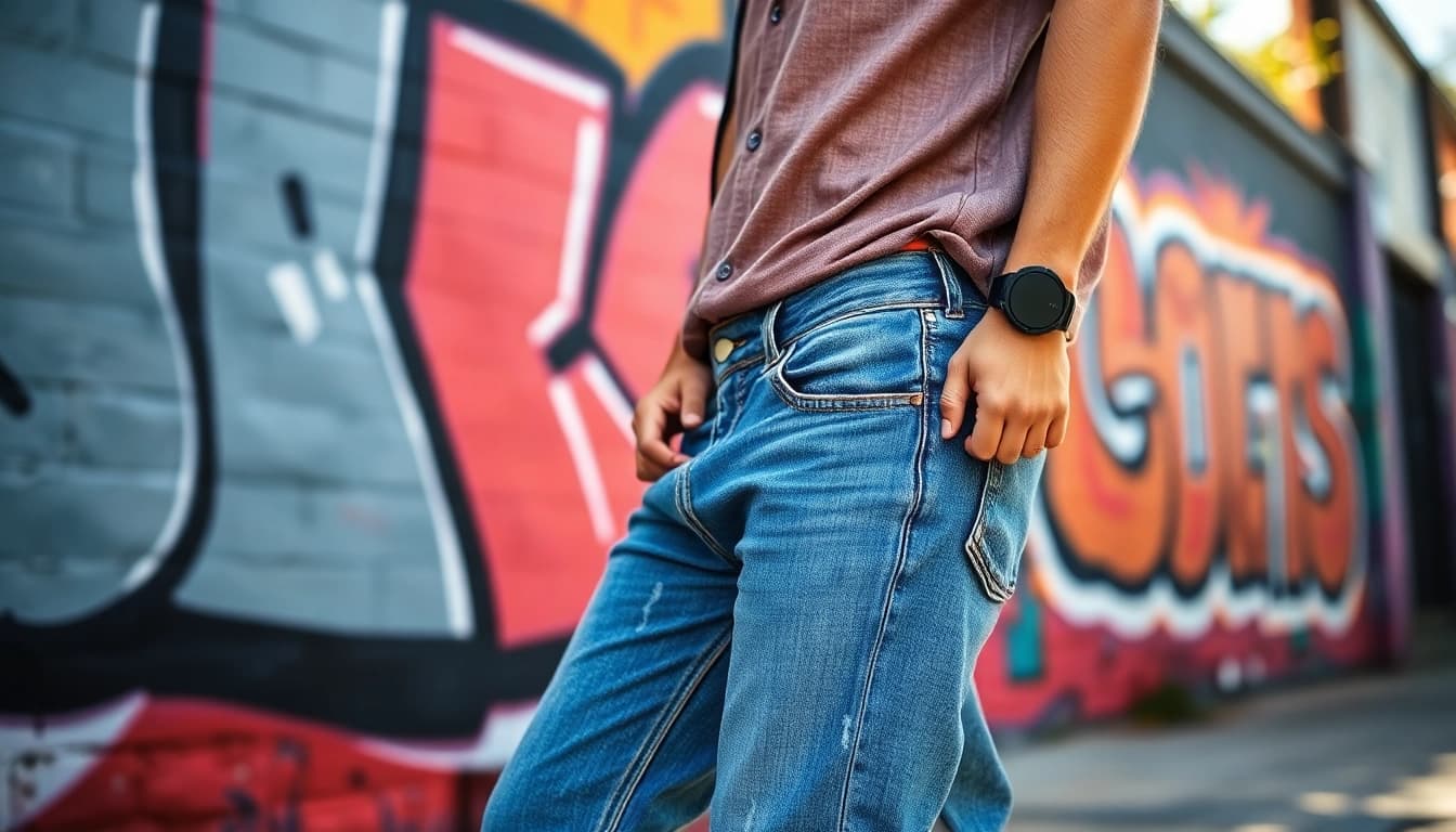 Shop mens relaxed fit jeans styled effortlessly against a vibrant urban backdrop.