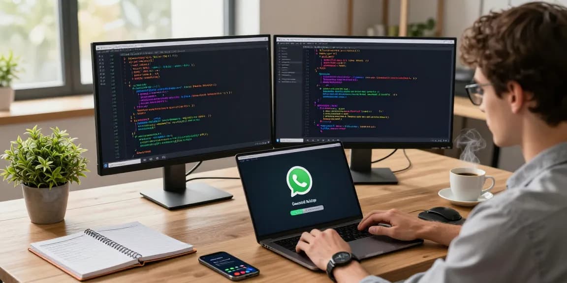 WhatsApp下載 in a modern tech workspace with laptop, documents, and natural light.