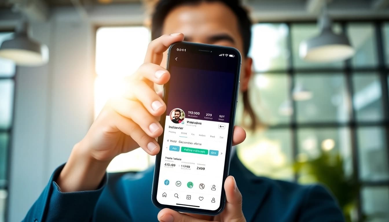 インスタでフォロワーを買うためのスマートフォンを持つビジネスパーソン。