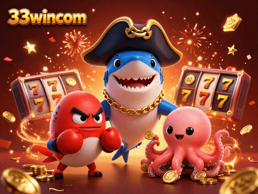 Engage with thrilling games at 33wincom featuring a vibrant casino scene full of fun and gold coins.