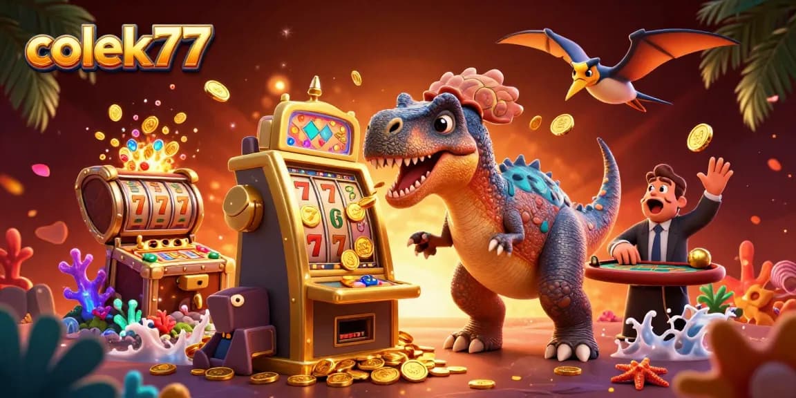 Experience colek77's thrilling jackpot excitement as cartoon dinosaurs interact with slot machines!