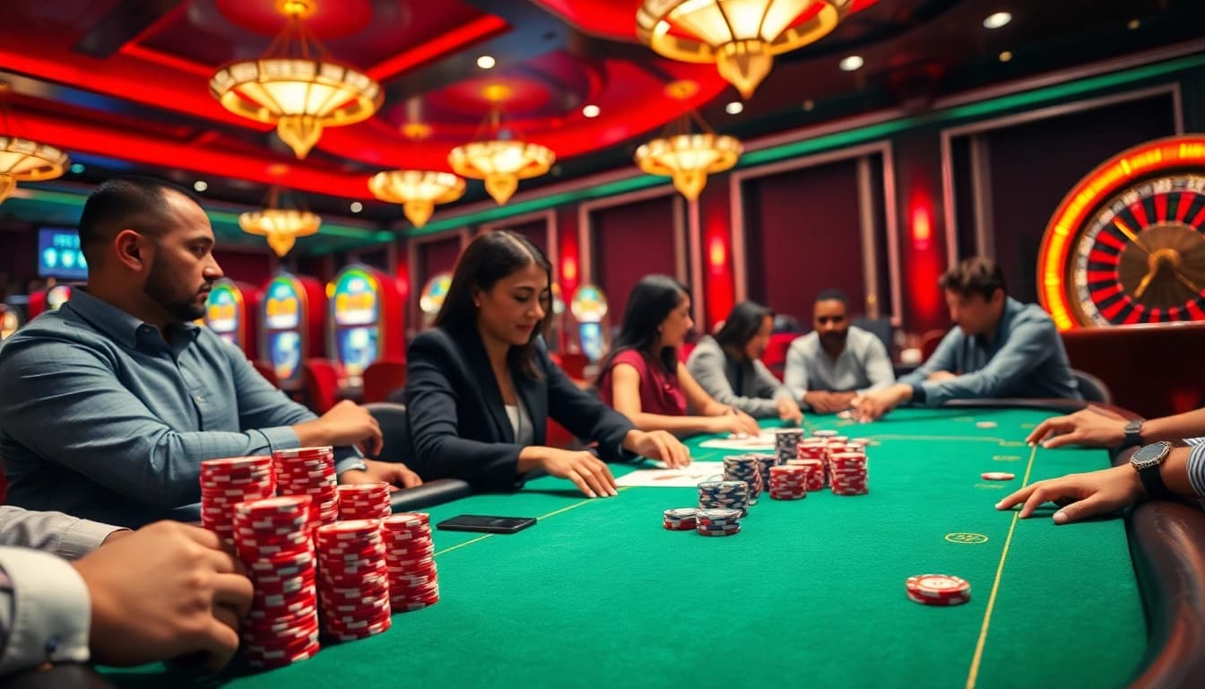 Aksi poker online yang menarik dengan elemen kasino yang hidup seperti chip dan kartu.