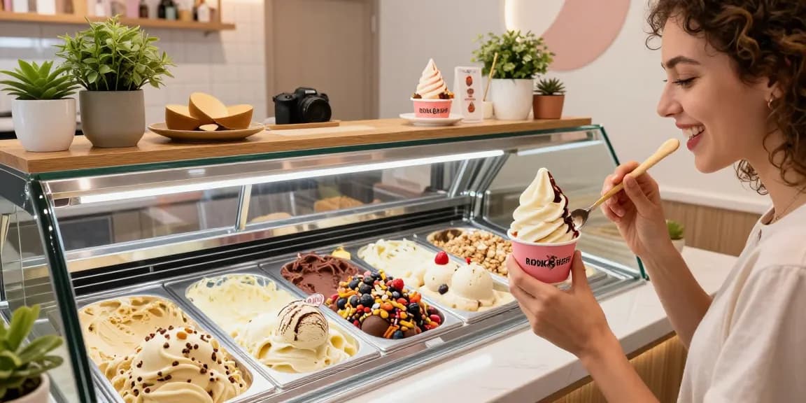 Enjoying ROKOK88 SUPER ice cream with rich textures and vibrant flavors in a modern parlor setting.