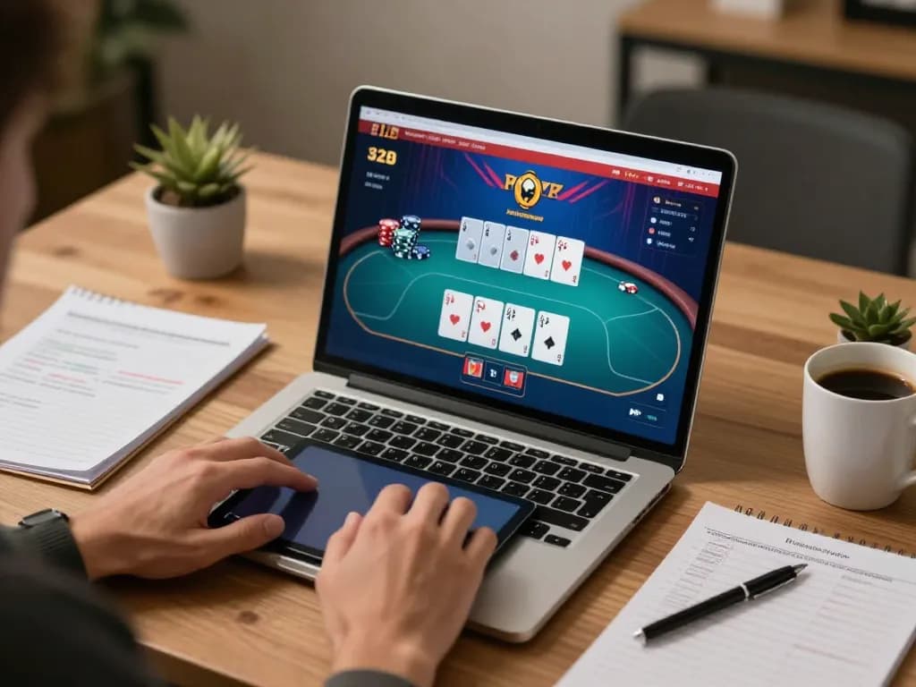 Engaging in online poker at Trang chủ HO88 with a laptop showing chips and cards.
