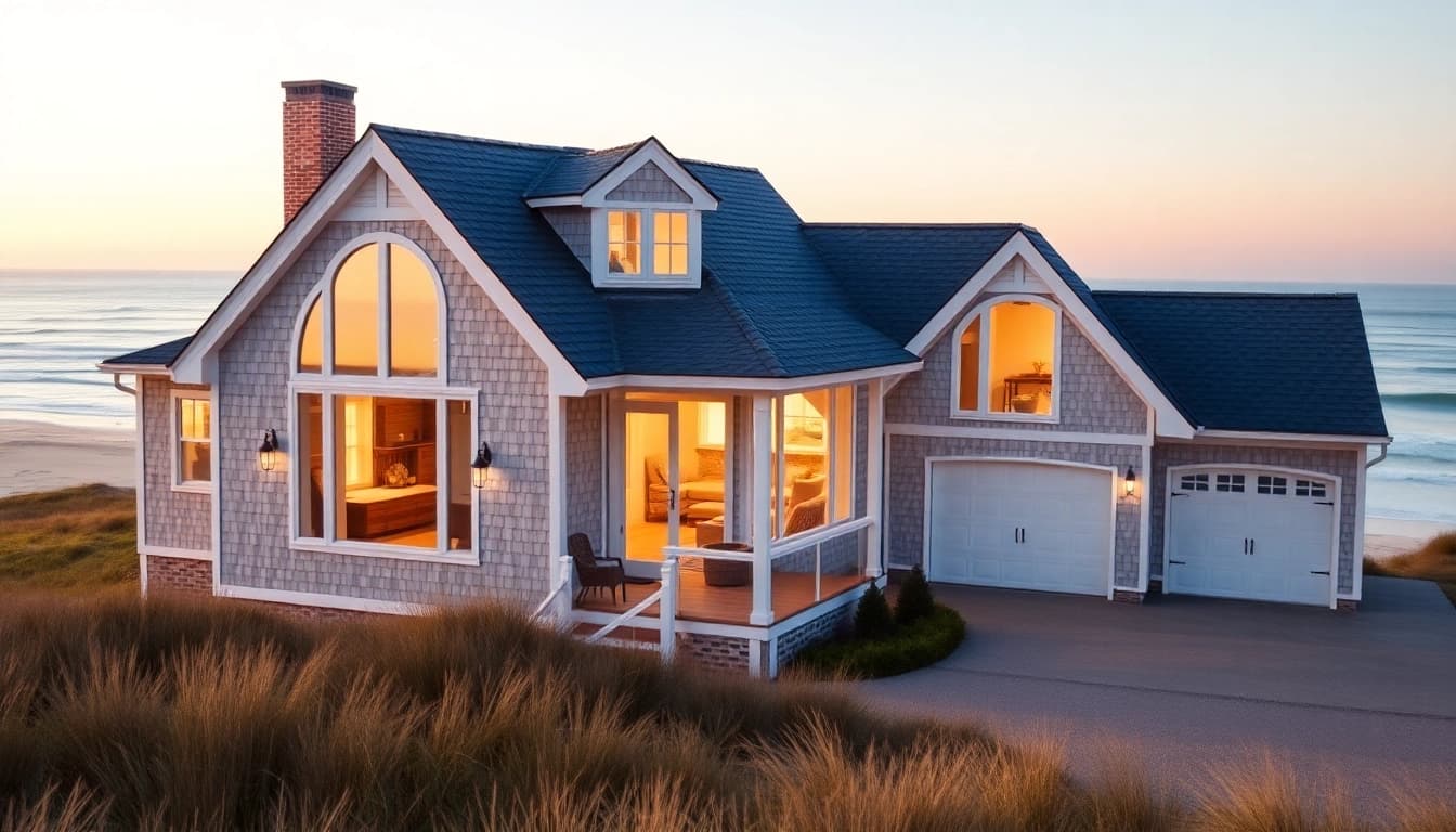 Cape Cod home showcasing a modern expansion with attached garage in a serene coastal setting.
