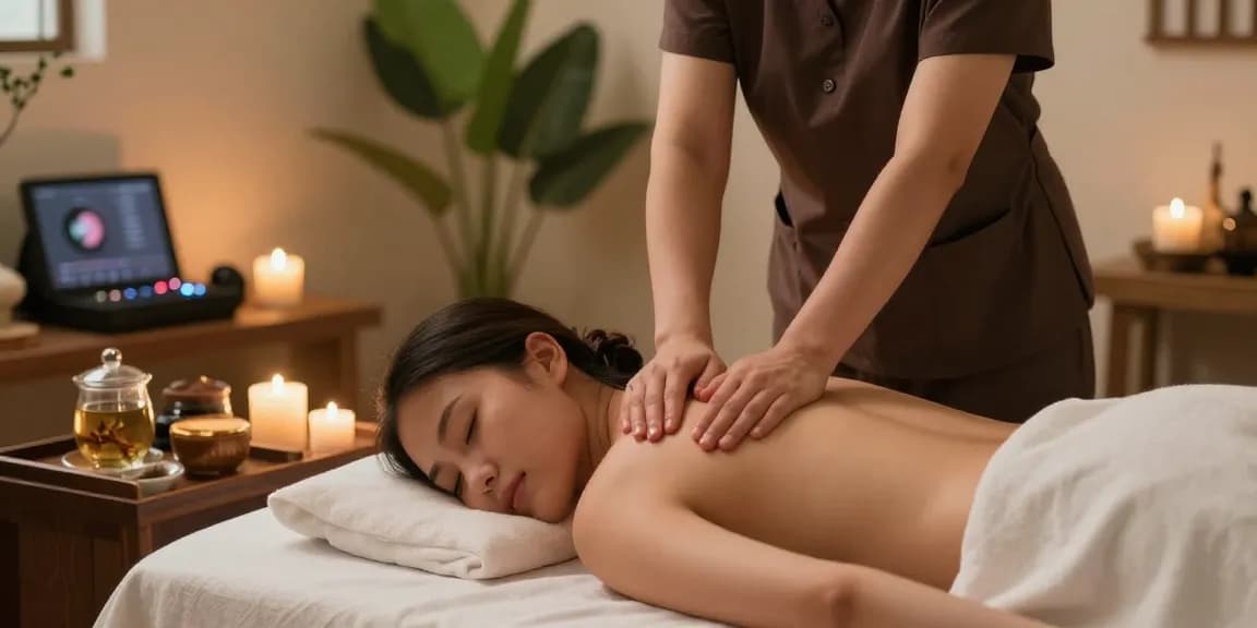 당진마사지 치료를 받고 있는 고객과 마사지사 이미지, 편안한 분위기에서 아로마 향과 조명이 어우러진 공간