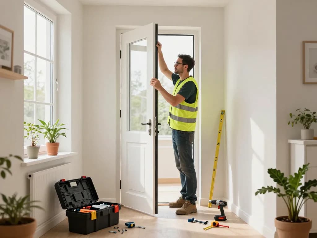Installation einer Nebeneingangstür in einem hellen Flur mit einem Handwerker bei der Arbeit.