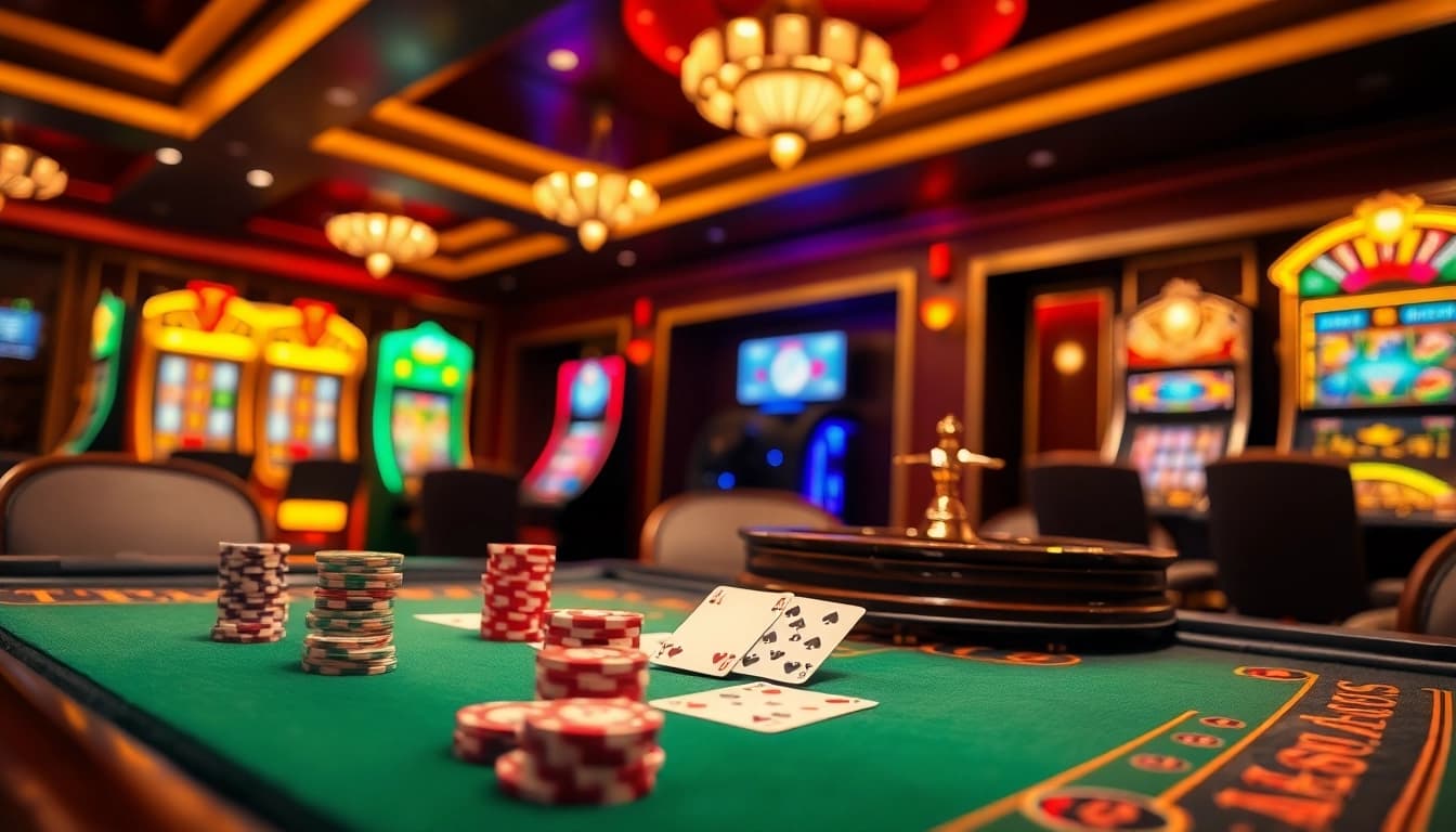 Tập đoàn KJC showcases a vibrant casino atmosphere with poker chips, cards, and a roulette wheel.