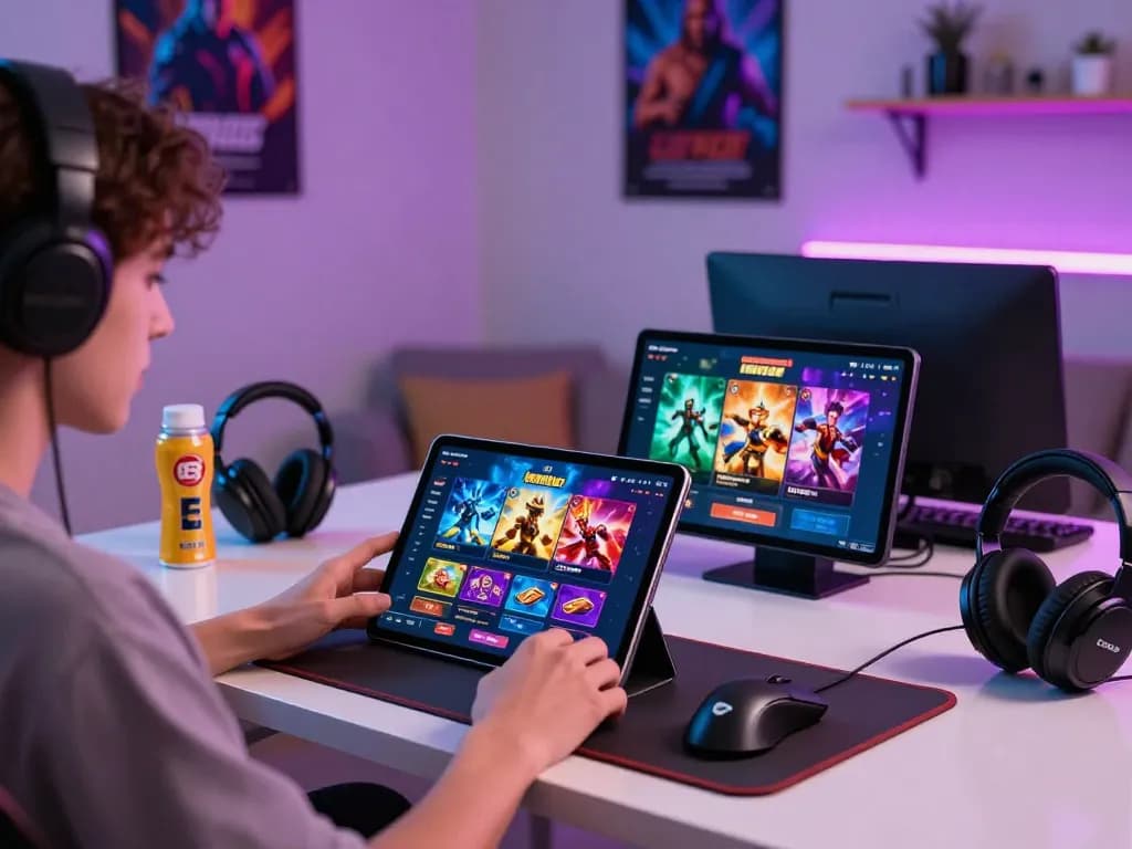 Exciting online gaming experience with mantra88 app on tablet amidst vibrant gaming setup.