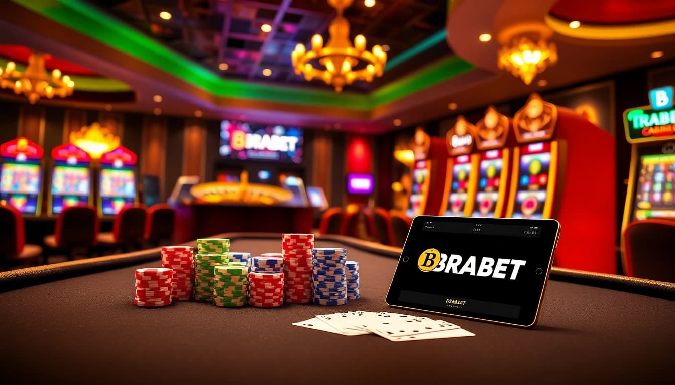 Experience the thrill of BRABET Casino with vibrant poker chips and roulette wheels.