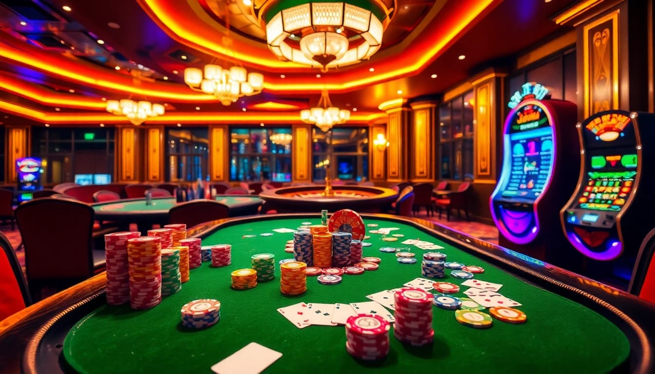Experience thrilling gaming action with Onicplay's vibrant casino ambiance featuring colorful chips and cards.