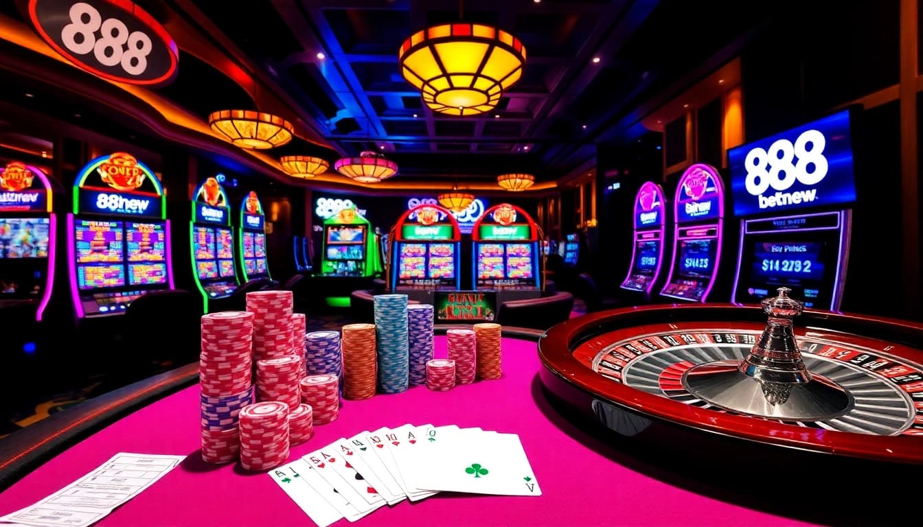 Enhance your gaming experience with 888new's vibrant casino atmosphere featuring poker and slot machines.