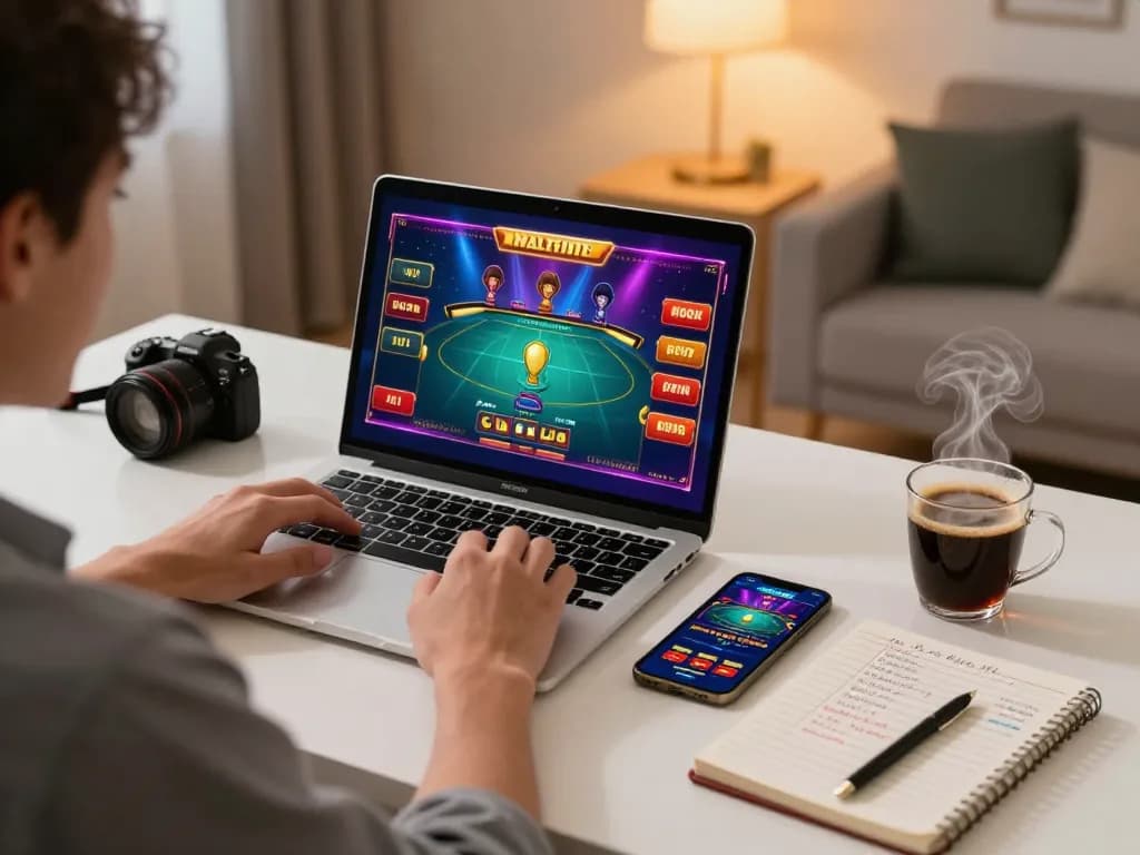 Engaging player strategizing on tg88 online gaming platform with laptop setup and betting notes.
