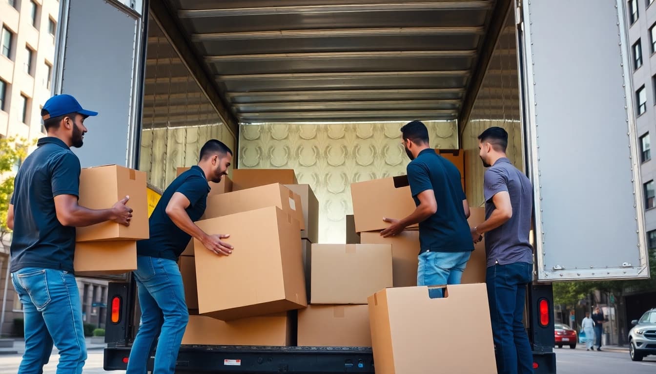Movers offering moving services edmonton load items into a truck, showcasing teamwork and professionalism.