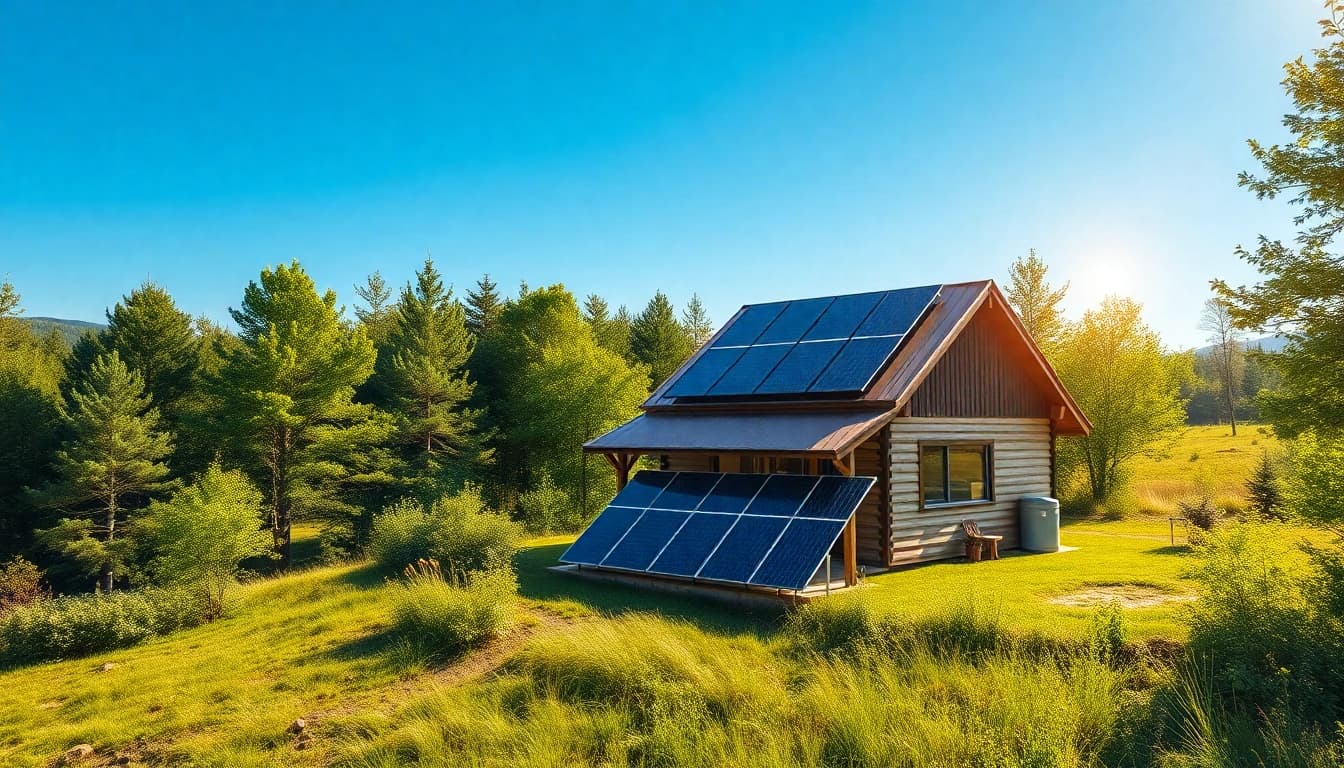 Off grid home solar system featuring a solar panel array on a remote cabin, emphasizing sustainability and energy independence.