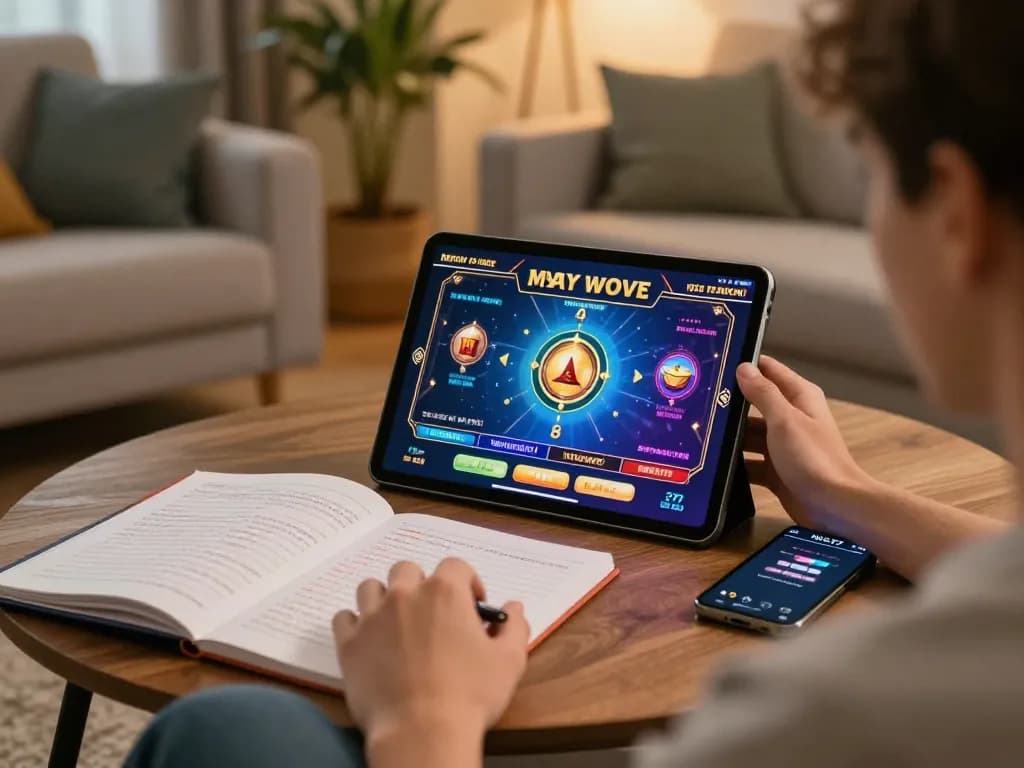 Engaging with alexis77 gaming app on a tablet in a cozy home gaming setup.