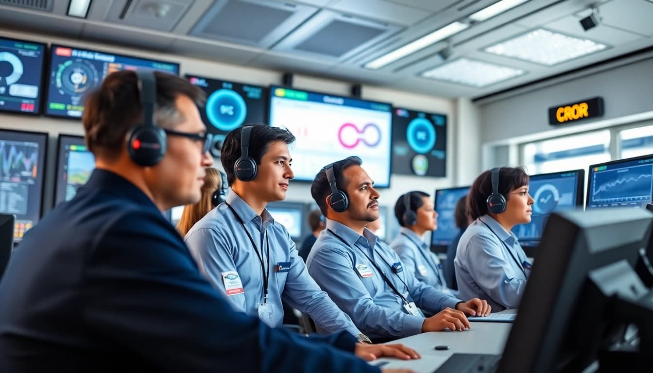 Train operators demonstrating their cror certification in a modern control room filled with advanced technology.