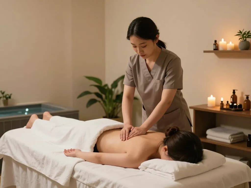 Relaxing 치평동마사지 session in a serene spa environment with calming decor.