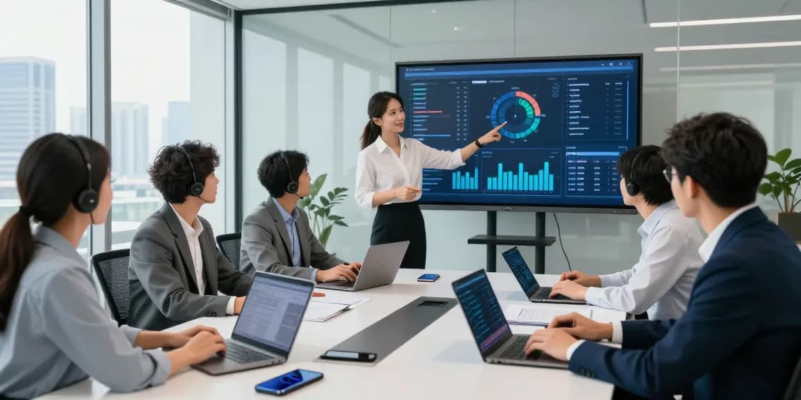 IT support for business team discussing innovative solutions in a modern office.
