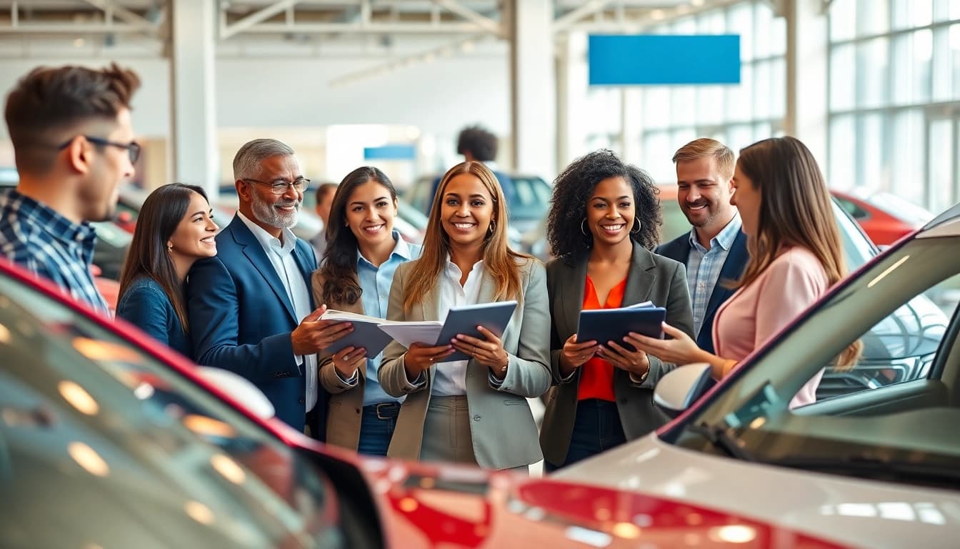 Buy a car efficiently with expert guidance from a salesman amidst a colorful dealership.