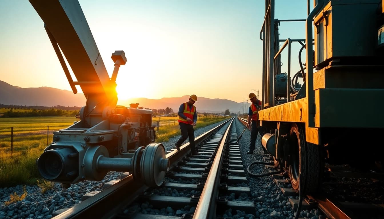 Emergency RailroadRepair team fixing railway tracks with heavy machinery in a rural landscape.