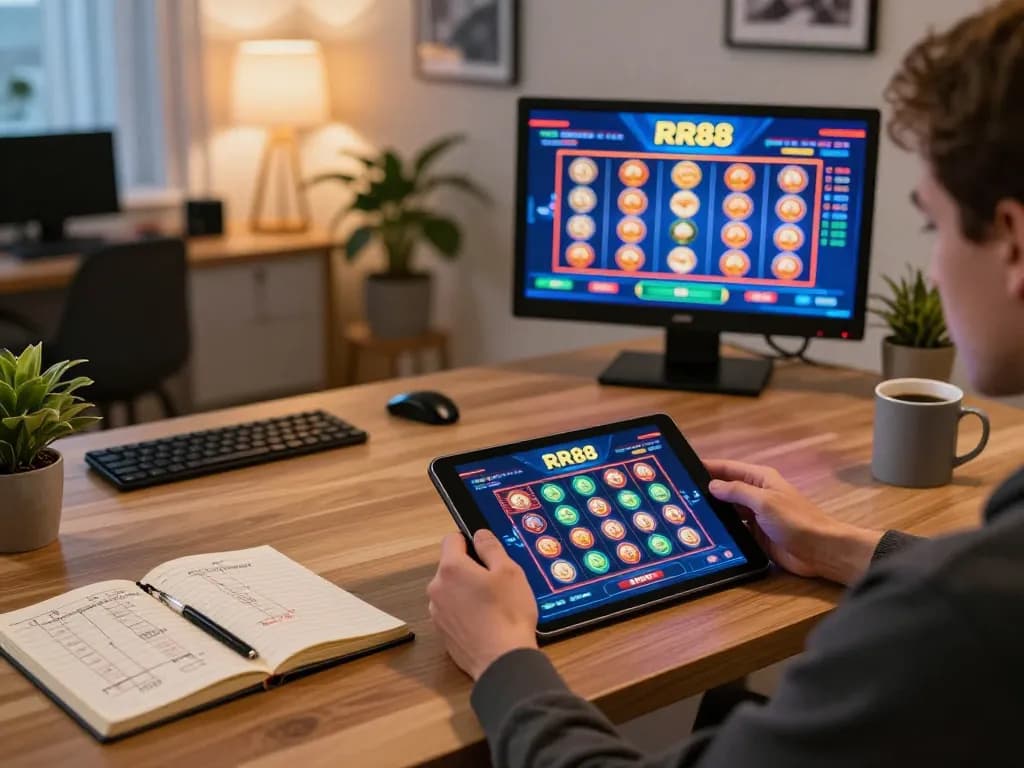 Engaging gamer exploring link rr88 on tablet amidst strategic betting notes, capturing online casino excitement.