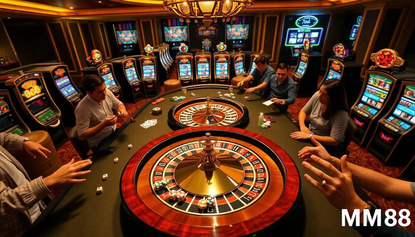 Excited players engaging in a vibrant MM88 casino scene with dice and poker chips.