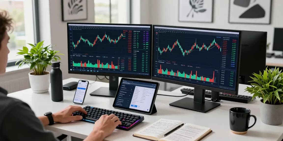 Engaging cloud mining service analysis in a modern trading office featuring cryptocurrency charts and smart devices.