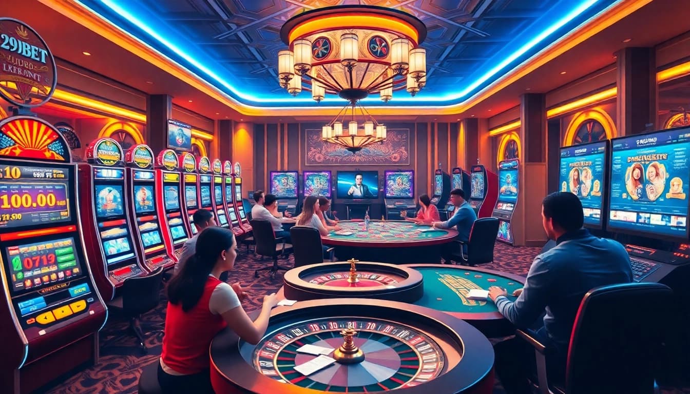 Experience the excitement of online gambling at 789BET with vibrant gaming tables and digital interfaces.