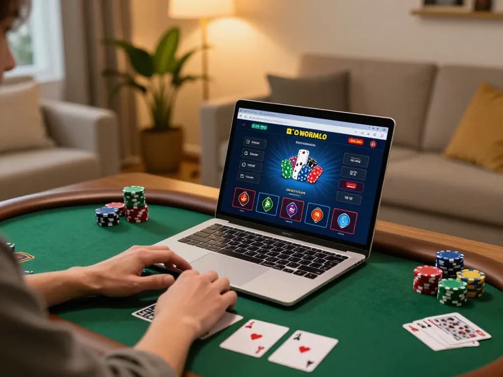 Engaging in online gambling with a nha cai uy tin setup at home, featuring a laptop and vibrant game interface.
