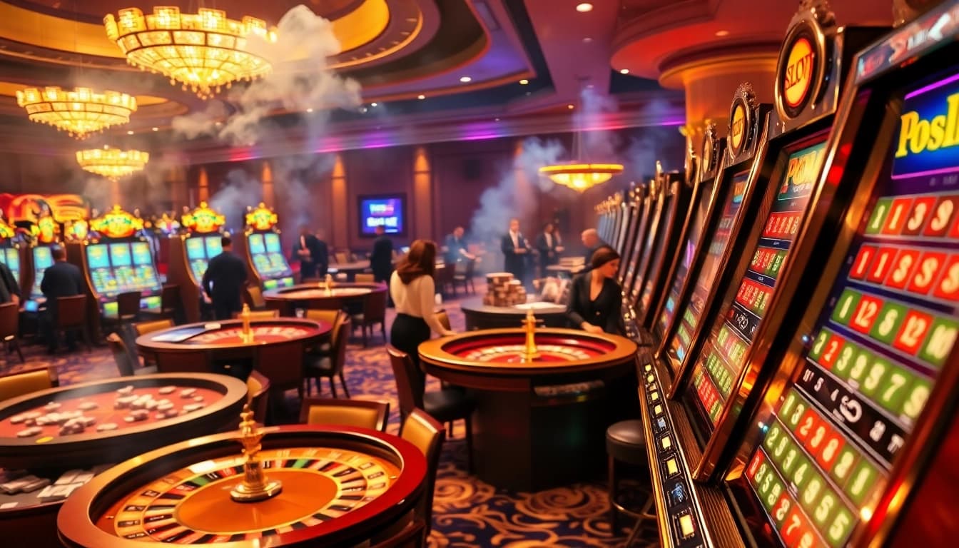 Experience the thrill of PGSLOT gaming in a luxurious casino setting with vibrant machines and exciting action.