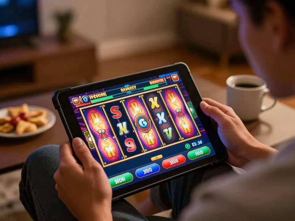 Play okwin on a tablet showing vibrant slot machine gameplay with engaging visuals.