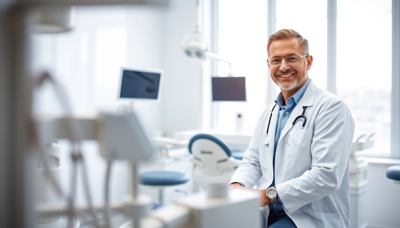 Dentist examining a patient in a bright and modern dental clinic.