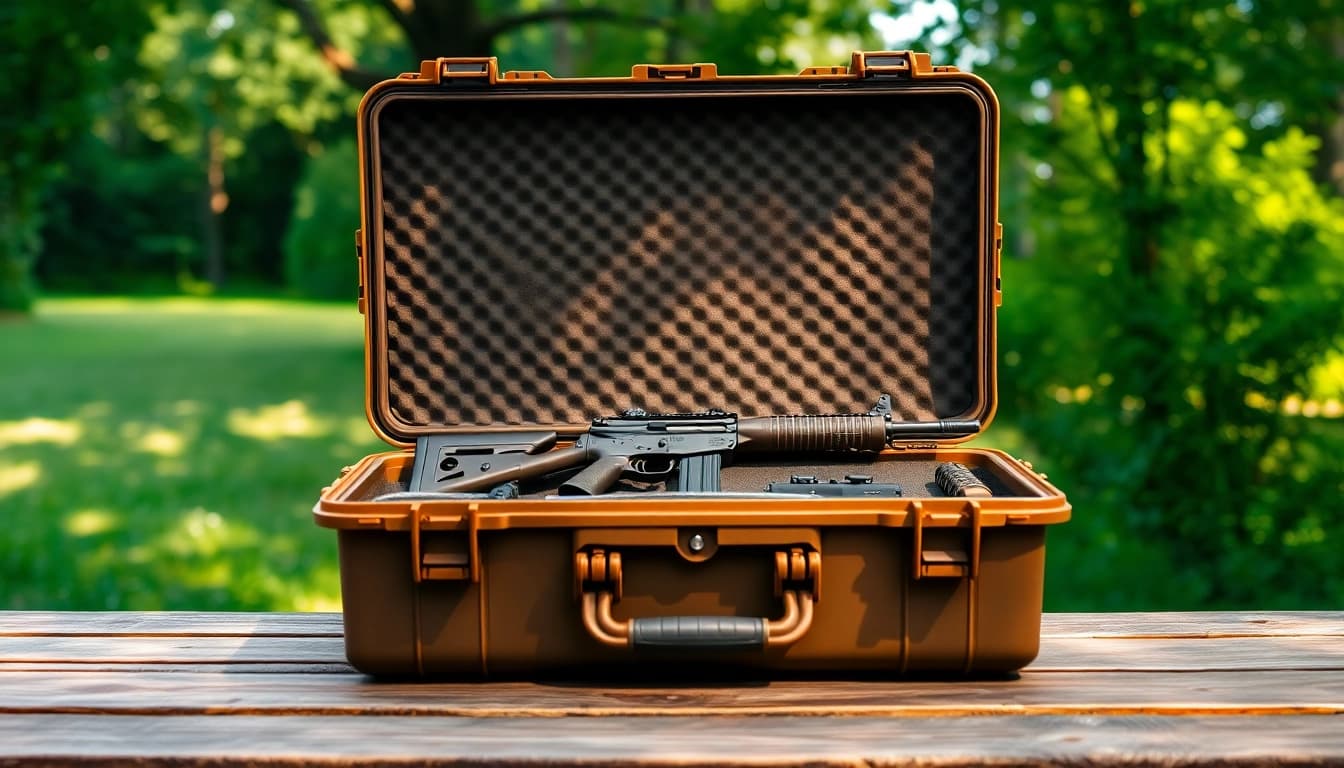 Highlighting a pelican rifle case with a rifle in a natural outdoor setting.