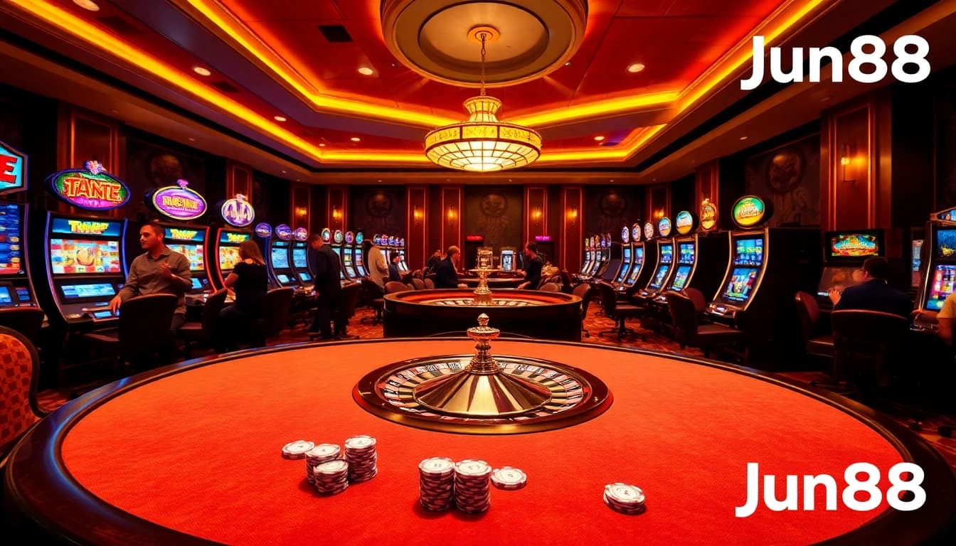 Experience thrilling poker gameplay at Jun88's elegant casino, showcasing vibrant tables and high-stakes action.