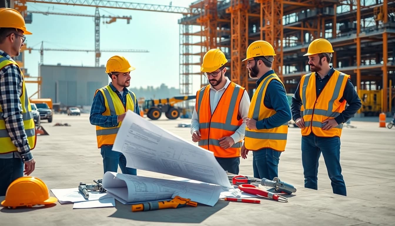 Demonstrating construction site safety with workers engaging in safety protocols and planning.