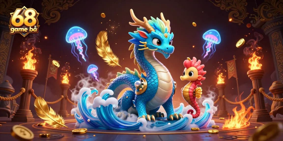 Experience thrilling gameplay with 68 game bài, featuring vibrant ocean dragon and knight in 3D illustration.