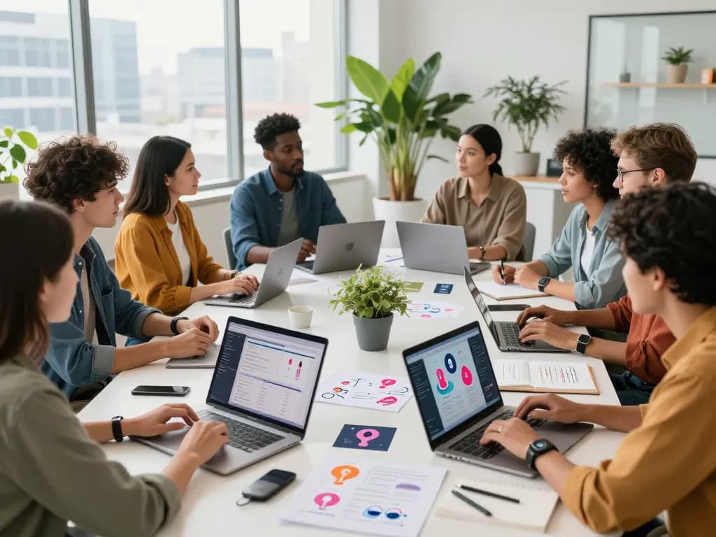 Collaborative tech meeting exploring sex AI innovations for health.