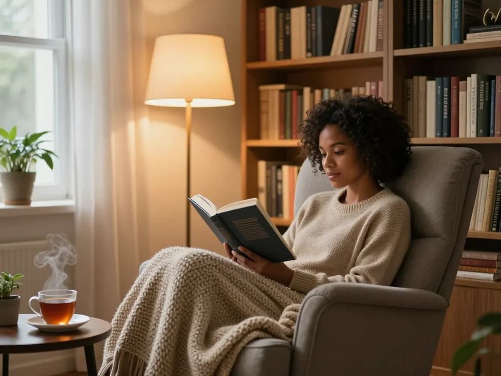 A person immersed in a book, enjoying the moment while I was reading this in a cozy home library setting with warm lighting.
