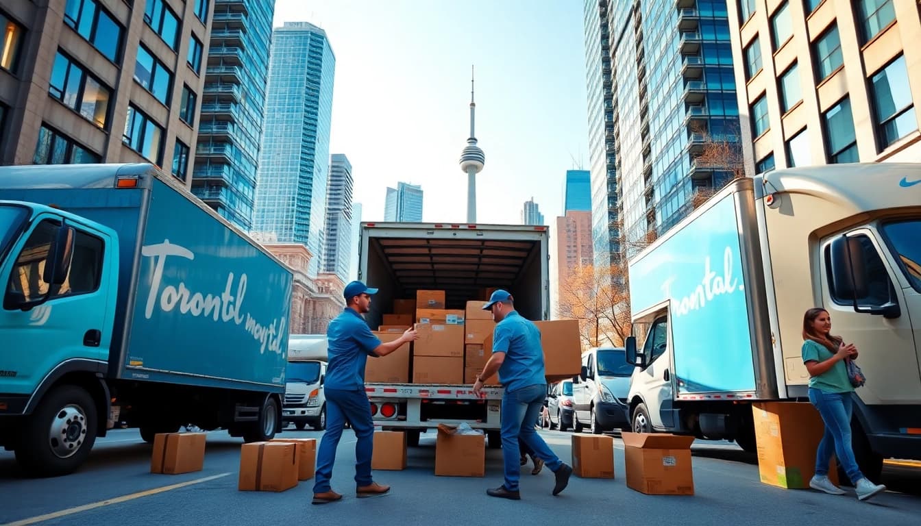Toronto moving services with professional movers efficiently loading supplies onto a moving truck in a vibrant city