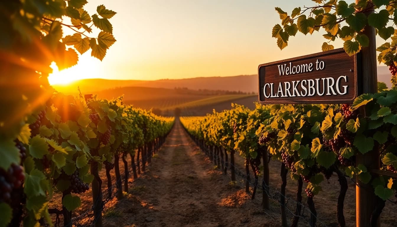 Scenic view of vineyards in Clarksburg ca during sunset with golden light and rolling hills.