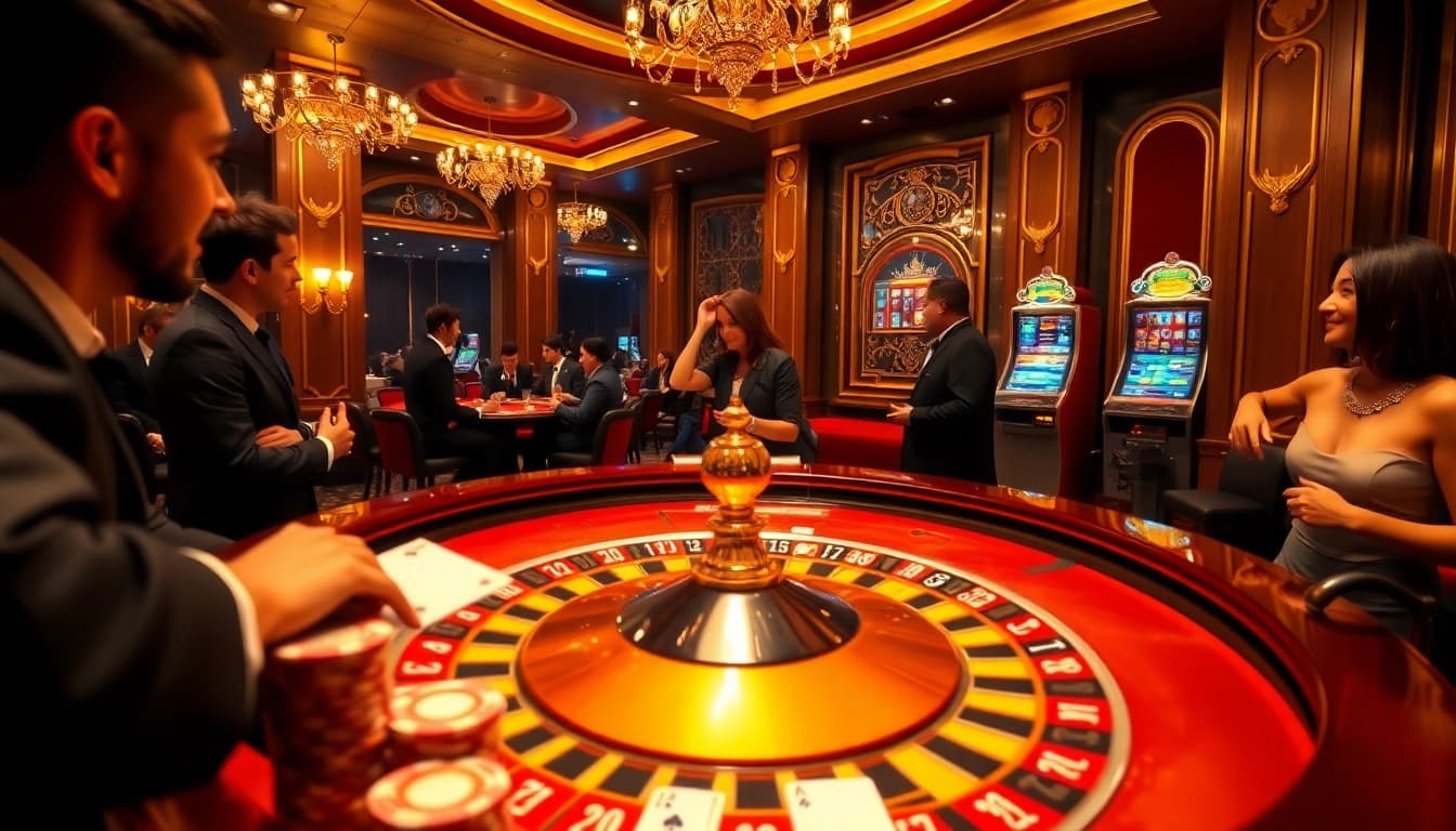 Experience thrilling gameplay with NK88 at a luxurious casino, featuring roulette and poker elements.